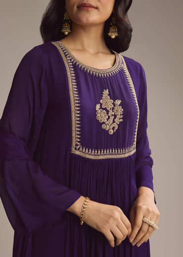 Purple Chinon Anarkali Suit With Zari Work