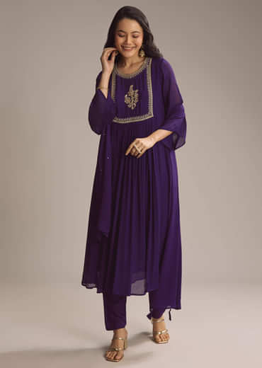 Purple Chinon Anarkali Suit With Zari Work