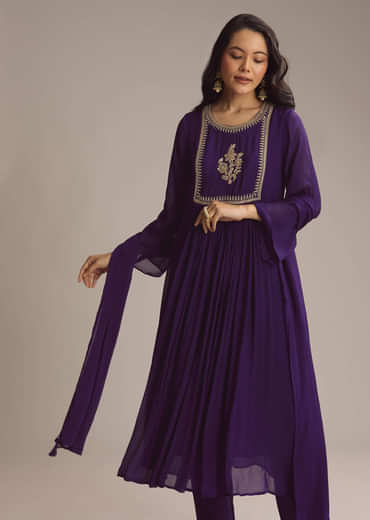 Purple Chinon Anarkali Suit With Zari Work