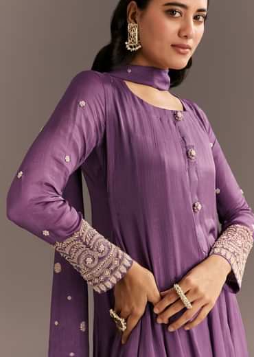 Purple Chinon Kurta With Zardosi Sleeves And Butti Dupatta