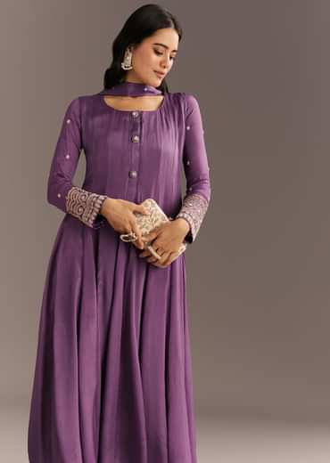 Purple Chinon Kurta With Zardosi Sleeves And Butti Dupatta