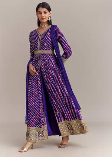 Purple Chinon Leheriya Embroidered Anarkali Set