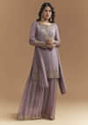 Purple Chinon Palazzo Suit With Moti And Cutdana Embroidery