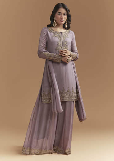 Purple Chinon Palazzo Suit With Moti And Cutdana Embroidery