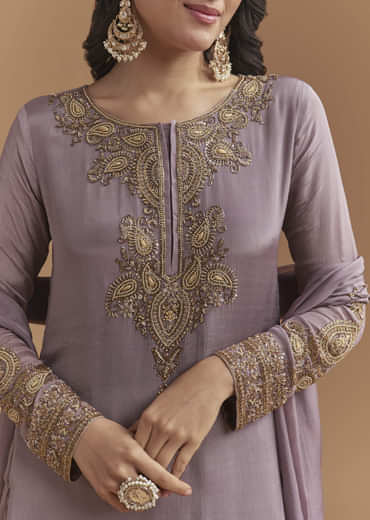 Purple Chinon Palazzo Suit With Moti And Cutdana Embroidery