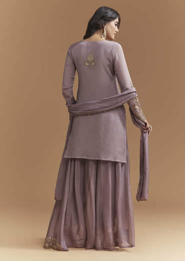 Purple Chinon Palazzo Suit With Moti And Cutdana Embroidery
