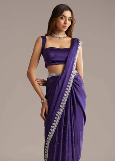 Purple Chinon Saree With Cutdana And Stone Embroidery
