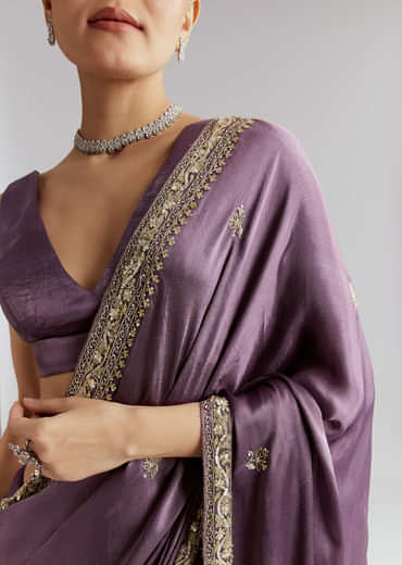 Purple Chinon Saree With Heavy Hand Embroidery