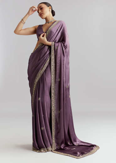 Purple Chinon Saree With Heavy Hand Embroidery