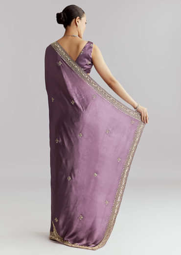 Purple Chinon Saree With Heavy Hand Embroidery