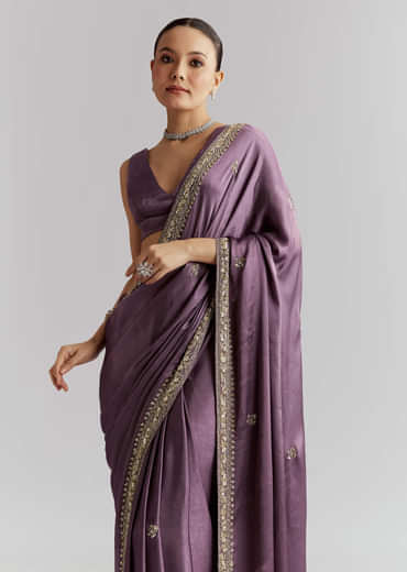 Purple Chinon Saree With Heavy Hand Embroidery