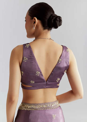 Purple Chinon Saree With Heavy Hand Embroidery