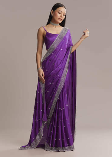 Purple Chinon Saree With Stone And Sequin Embroidery