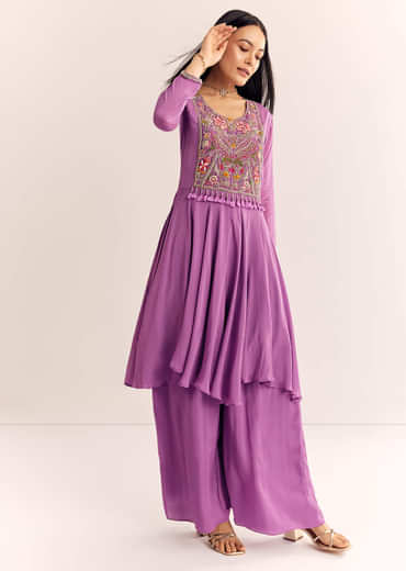 Purple Chinon Zardosi Kurta Palazzo Suit