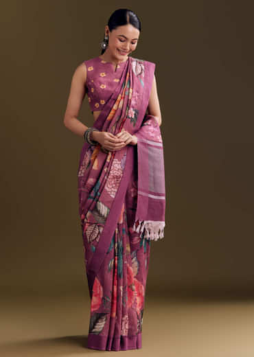 Purple Cotton Linen Saree With Faded Florals