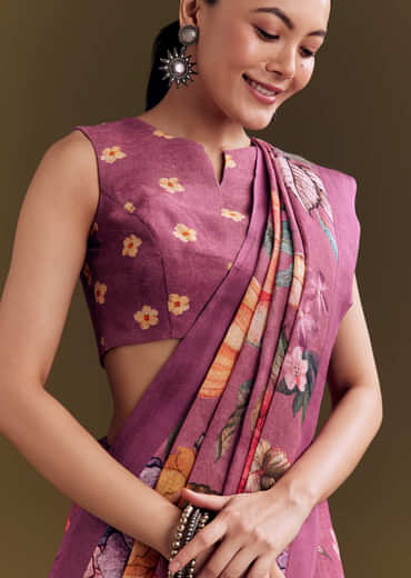 Purple Cotton Linen Saree With Faded Florals
