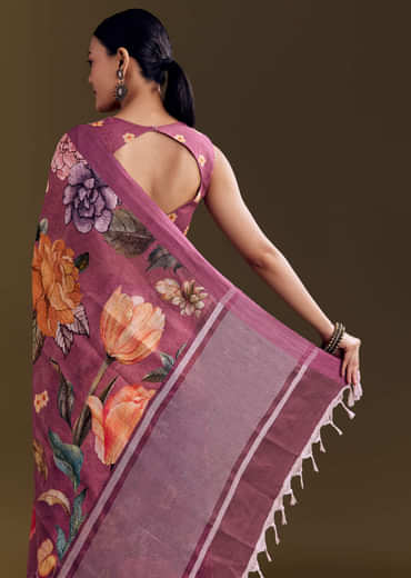 Purple Cotton Linen Saree With Faded Florals