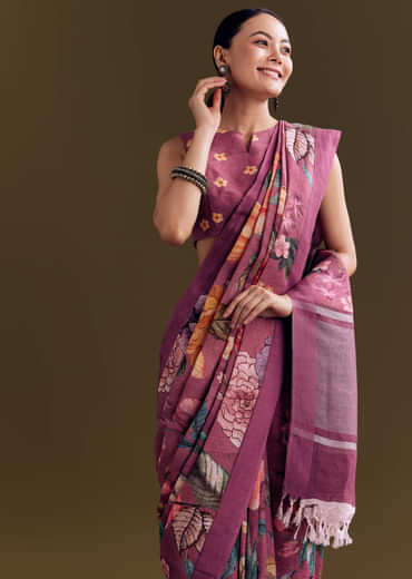 Purple Cotton Linen Saree With Faded Florals