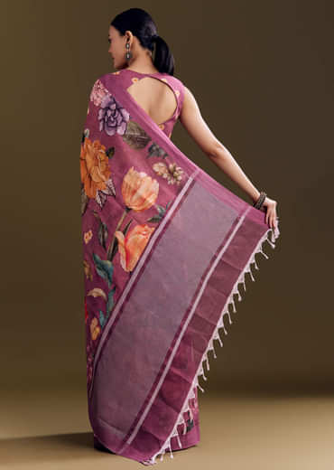Purple Cotton Linen Saree With Faded Florals
