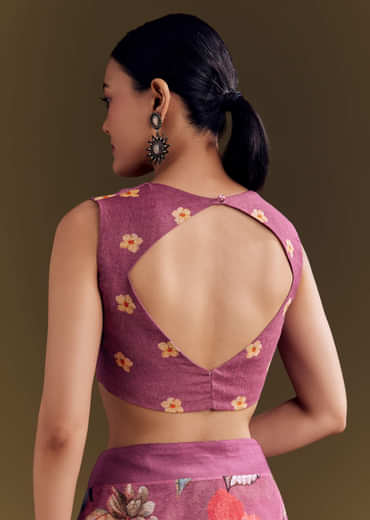 Purple Cotton Linen Saree With Faded Florals