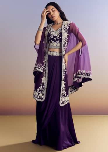 Purple Crepe Crop Top Skirt Set With Embroidered Cape
