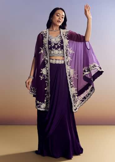 Purple Crepe Crop Top Skirt Set With Embroidered Cape