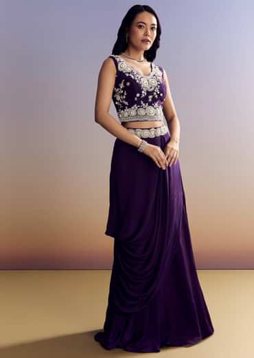 Purple Crepe Crop Top Skirt Set With Embroidered Cape