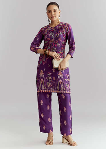 Purple Crepe Printed Co Ord Set With Sequins And Beads Work