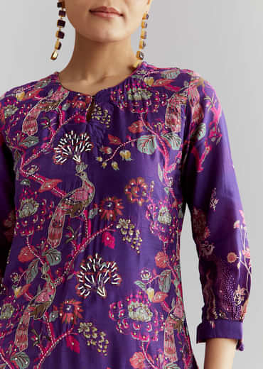 Purple Crepe Printed Co Ord Set With Sequins And Beads Work