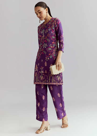 Purple Crepe Printed Co Ord Set With Sequins And Beads Work