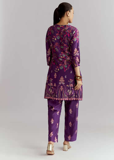 Purple Crepe Printed Co Ord Set With Sequins And Beads Work