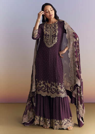 Purple Crepe Sharara Suit With Indie Print And Zari Work