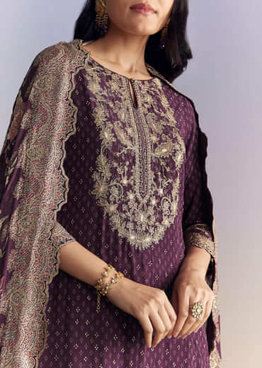 Purple Crepe Sharara Suit With Indie Print And Zari Work
