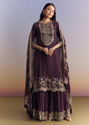 Purple Crepe Sharara Suit With Indie Print And Zari Work