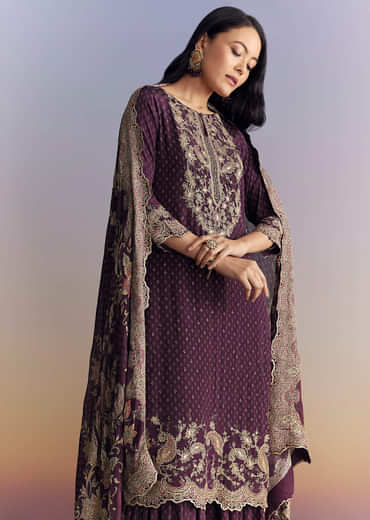 Purple Crepe Sharara Suit With Indie Print And Zari Work