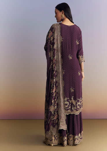 Purple Crepe Sharara Suit With Indie Print And Zari Work