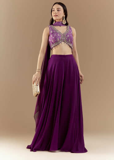 Purple Crop Top Pant Set with Bandhani Work