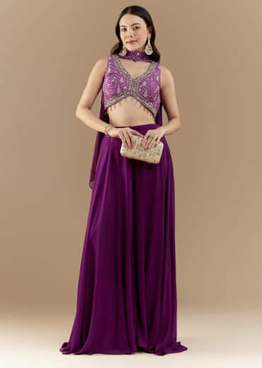 Purple Crop Top Pant Set with Bandhani Work