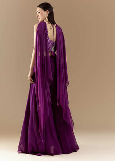 Purple Crop Top Pant Set with Bandhani Work