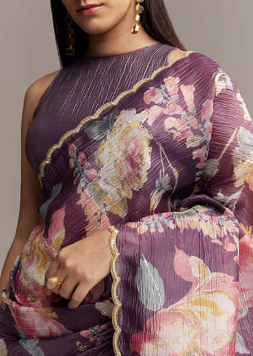 Purple Crush Tissue Saree With Floral Print And Embroidered Border