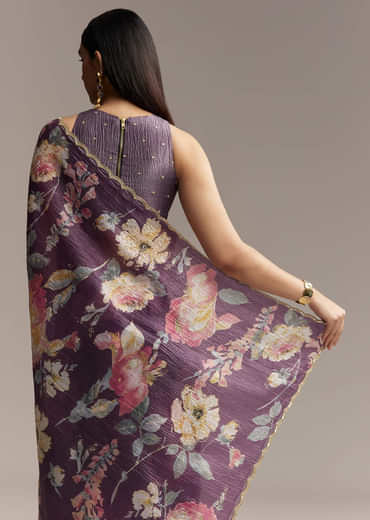 Purple Crush Tissue Saree With Floral Print And Embroidered Border