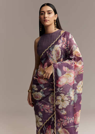 Purple Crush Tissue Saree With Floral Print And Embroidered Border