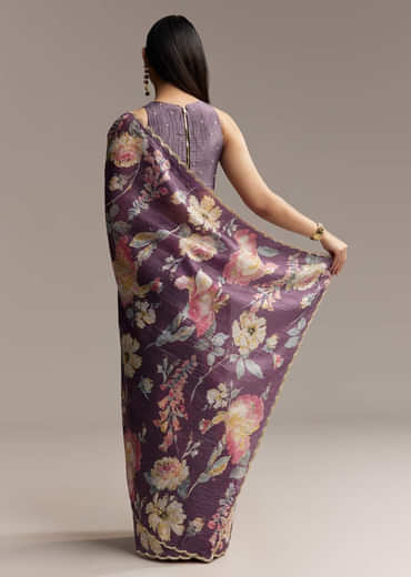 Purple Crush Tissue Saree With Floral Print And Embroidered Border