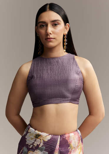 Purple Crush Tissue Saree With Floral Print And Embroidered Border