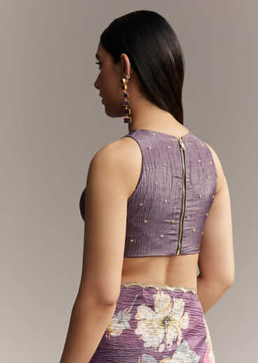 Purple Crush Tissue Saree With Floral Print And Embroidered Border