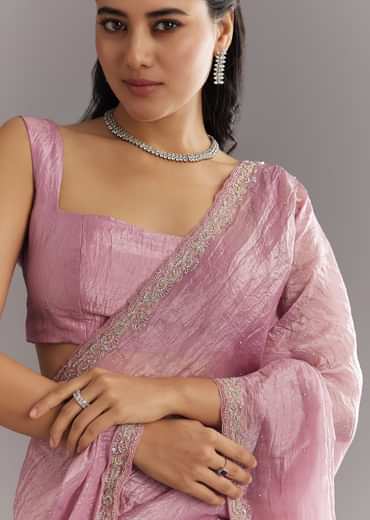 Purple Crushed Tissue Saree With Stone Embellishment And Embroidered Border