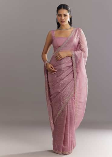 Purple Crushed Tissue Saree With Stone Embellishment And Embroidered Border