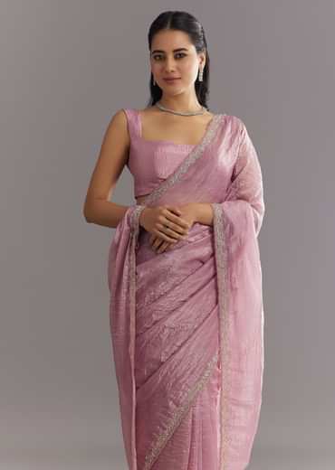 Purple Crushed Tissue Saree With Stone Embellishment And Embroidered Border