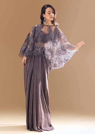 Purple Cutdana Embellished Crop Top Skirt Set with Cape