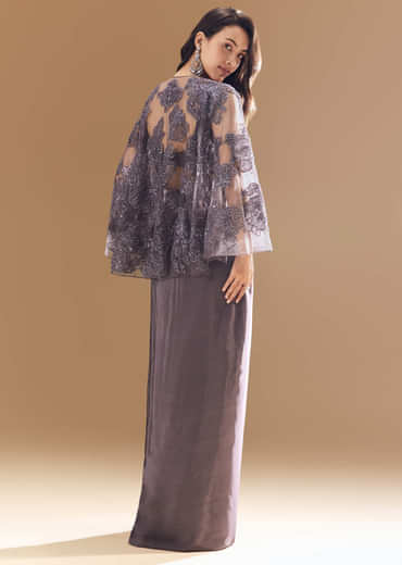 Purple Cutdana Embellished Crop Top Skirt Set with Cape